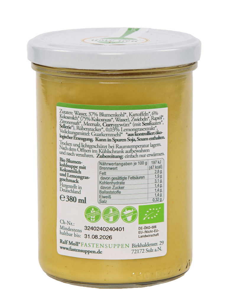 Fastensuppe Bio-Blumenkohlsuppe mit Kokosmilch und Lemongras, 380 ml im Glas