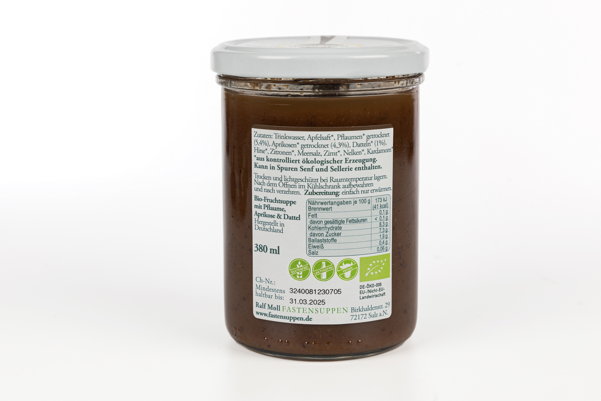 Fastensuppe Guten Morgen Bio-Fruchtsuppe mit Pflaume, Aprikose und Dattel, 380 ml im Glas