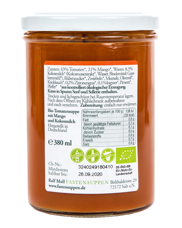 Fastensuppe Bio-Tomatensuppe mit Mango und Kokosmilch, 380 ml i. Gl.