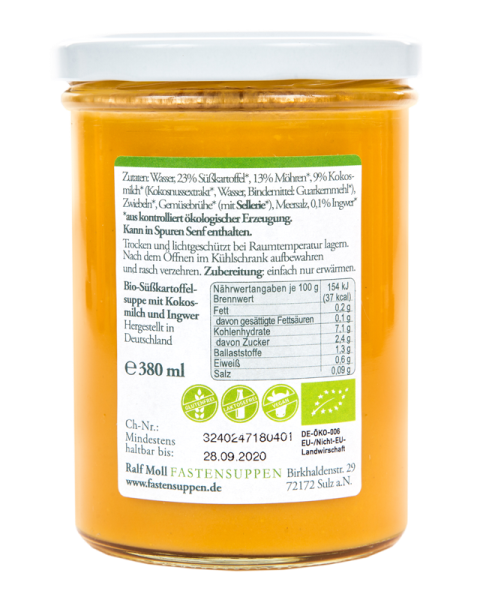 Fastensuppe Bio-Süßkartoffelsuppe mit Kokos und Ingwer, 380 ml im Glas