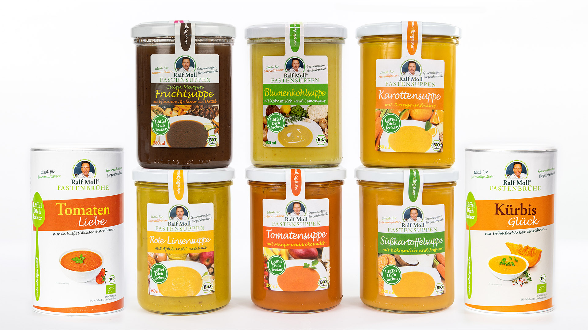 FeelGood 6x380ml Fastensuppen Blumenkohl Süßkartoffel Fruchtsuppe RoteLinse Karotte Tomate | 2x250g Fastenbrühen Tomate Kürbis
