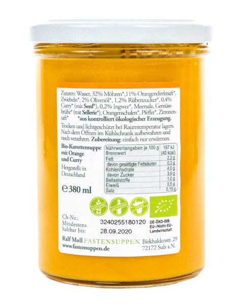 Fastensuppe Bio-Karottensuppe mit Orange und Curry, 380 ml im Glas