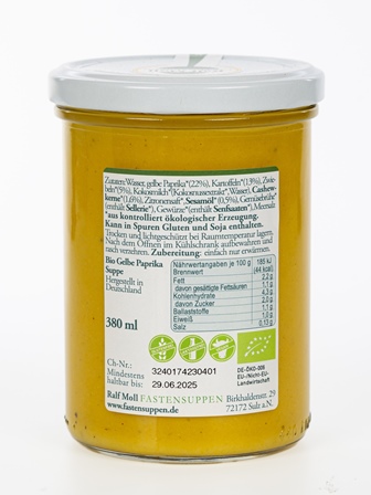Fastensuppe Bio-Gelbe Paprikasuppe mit Cashew und Sesamöl, 380 ml im Glas