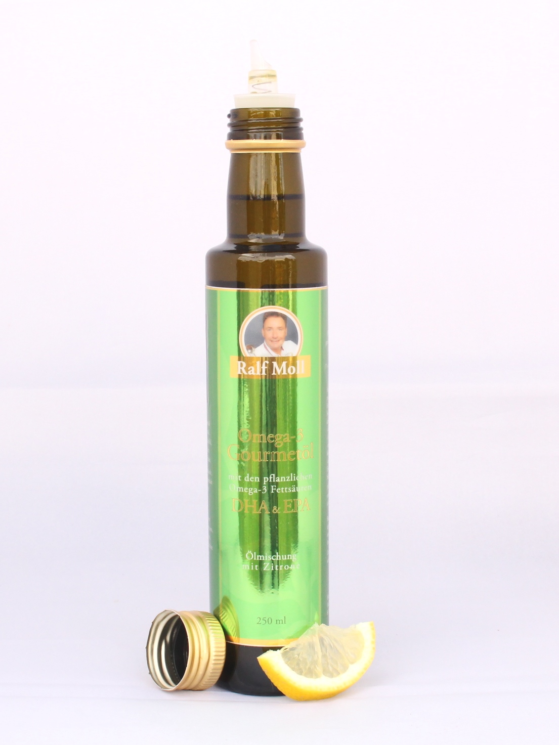Ralf Moll Omega-3-Gourmetöl mit pflanzlichen EPA-DHA mit Zitrone, 250 ml Glasflasche mit