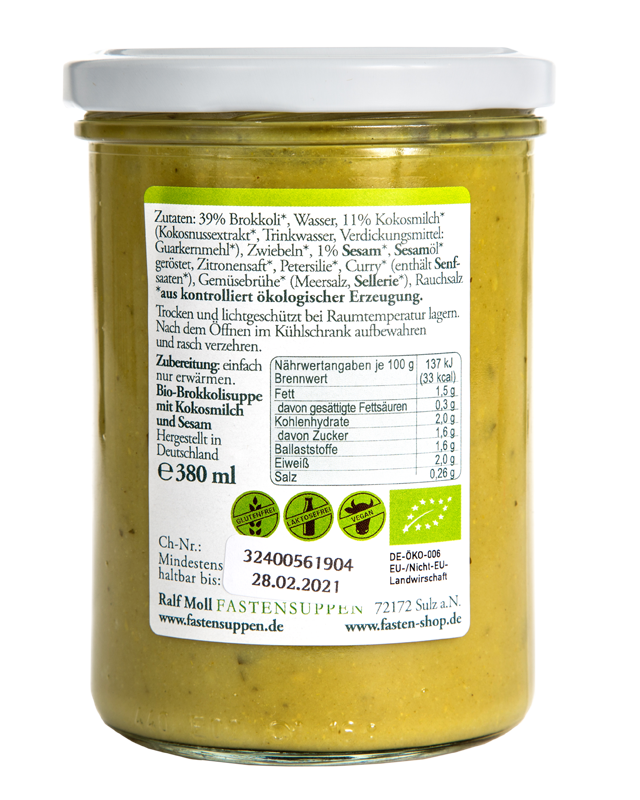 Fastensuppe Bio-Brokkolisuppe mit Kokosmilch und Sesam, 380 ml im Glas