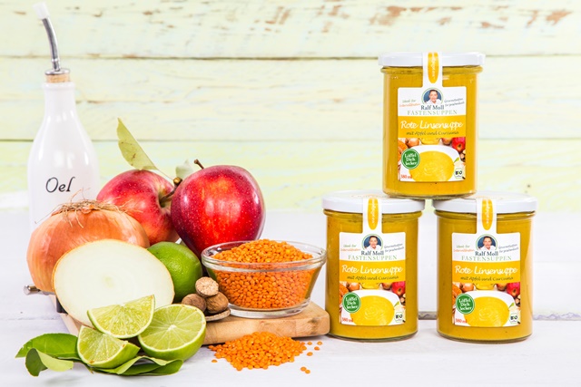 Fastensuppe Bio-Rote-Linsensuppe mit Apfel und Curcuma, 380 ml im Glas