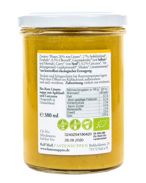 Fastensuppe Bio-Rote-Linsensuppe mit Apfel und Curcuma, 380 ml im Glas